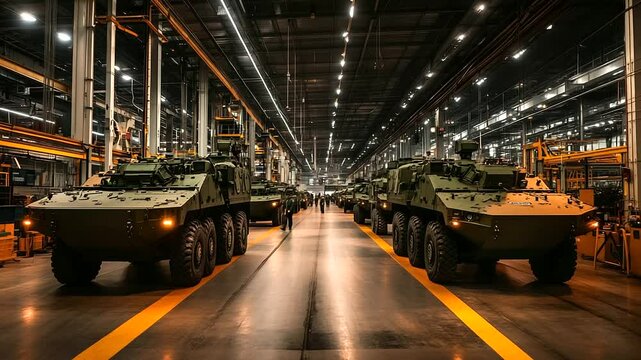 A panoramic shot of a military factory, showcasing armored vehicles being loaded onto transport vehicles, ready to be deployed after passing through stringent quality control check