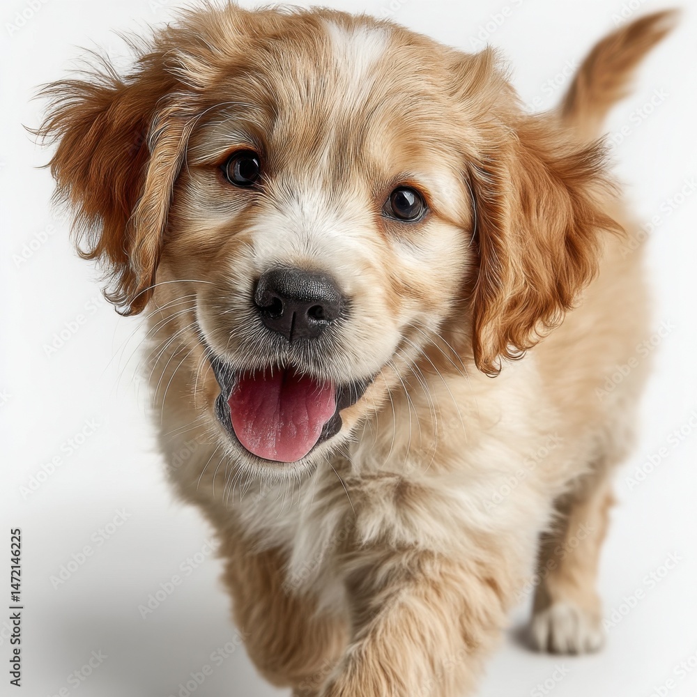 Poster adorable golden puppy with fluffy fur, playfully running towards the camera, tongue out, showing hap