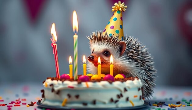 A hedgehog wearing a party hat sits before a birthday cake with lit candles, happy birthday, image