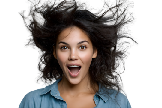 Beautiful woman with long dark hair surprised expression studio shot art face girl wind model on transparent background