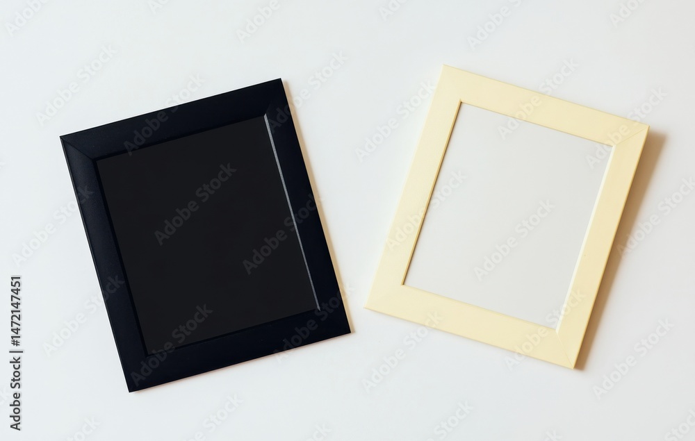 Fototapete two empty picture frames, one black and one pale yellow, lie on a white surface, offering a minimali