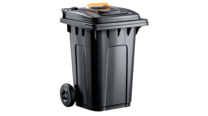 Trash Bin on wheels: A detailed studio shot showcases a durable black trash bin on wheels, equipped with a sturdy lid and an integrated handle.