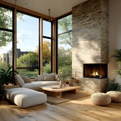 Natural light fills a cozy living room with beige couch, stone fireplace, and hardwood floor