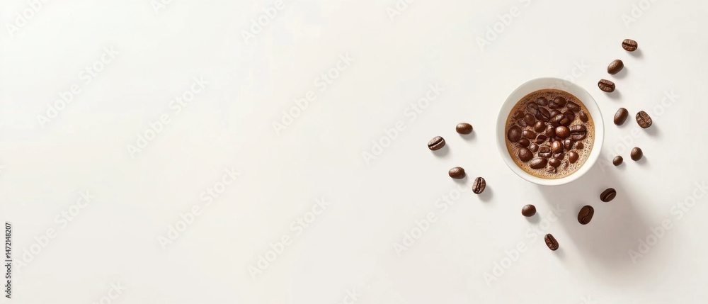 Aufkleber a single cup of coffee with coffee beans scattered on a white surface, creating a minimalist and ele