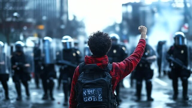 A protester raising a fist, standing face-to-face with riot police wielding batons, as the tension in the air becomes palpable, capturing the struggle for change.