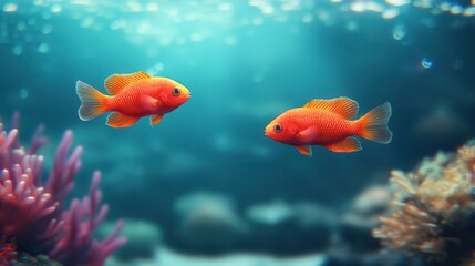 Fototapeta premium Two Vibrant Orange Fish Swimming Above Coral in Clear Blue Water Underneath Sunlight Rays