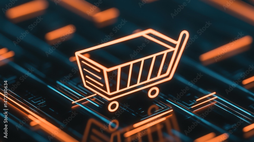 Poster neon shopping cart icon on abstract circuit board background with digital glowing elements for e-com