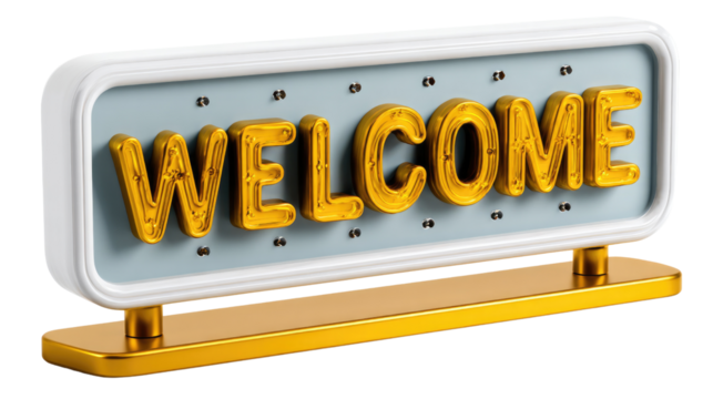 Welcome Sign: A close-up shot of a welcome sign in a modern design, ideal for conveying a sense of hospitality, greeting customers or guests, and establishing a welcoming atmosphere.