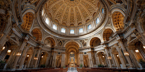 Fototapeta premium Ornate cathedral interior with golden dome, pillars, arches, benches, and detailed decor