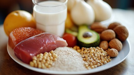 Healthy meal: balanced diet plate with fish, grains, avocado, and milk