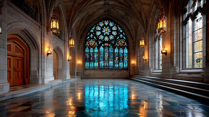 Ornate gothic hall with vaulted ceilings, stained glass windows, and polished floor