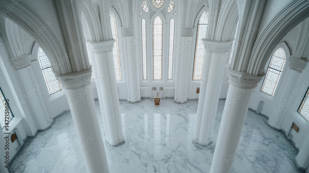 Poster serene interior of a white marble chapel with tall columns and stained glass windows, offering a pea
