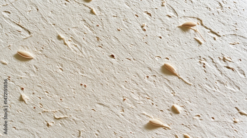 Poster closeup of beige textured paper surface with scattered light brown seeds, creating a natural, minima