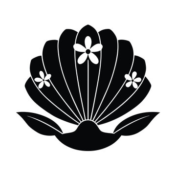 Intricate japanese kamon design featuring a stylized shell and delicate floral elements in black and white