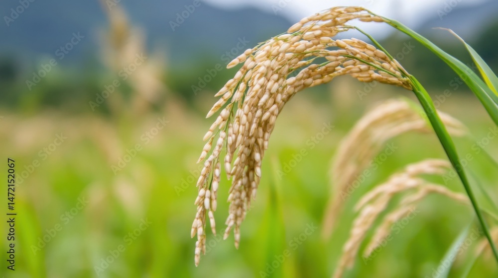 Poster close-up of a single rice stalk, heavy with ripe grains, swaying gently in a field of golden rice pl