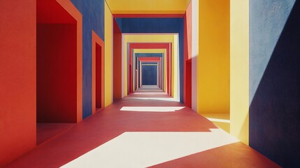 Colorful, geometric corridor with vibrant walls and doors, creating a perspective effect. Sunlight streams through the structure, highlighting the architectural design.
