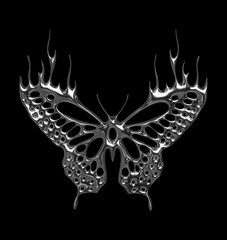 3d chrome metal of y2k butterfly icon. Flame butterfly tattoo shape in liquid mercury. 3d rendering illustration of abstract neo tribal cyber sigil metallic melted modern burn form. 3D Illustration
