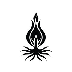 Elegant stylized black and white illustration of a stylized organic flame or plant design element on white background.
