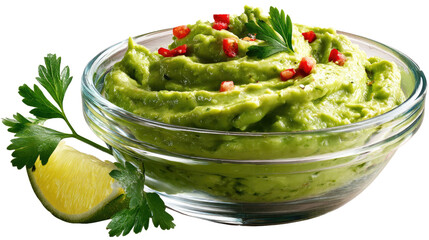 Obraz premium Creamy Guacamole Delight: A vibrant close-up of freshly made guacamole, presented in a glass bowl with lime wedge and herb, ready to tantalize taste buds and elevate any gathering or meal.