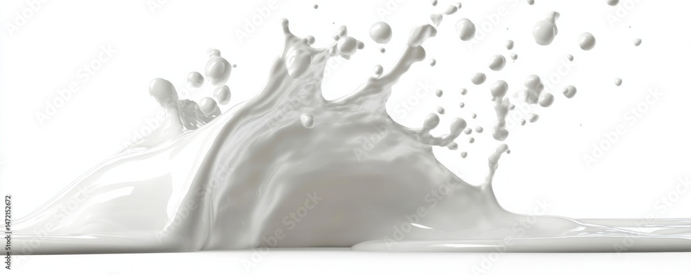 Poster Dynamic splash of creamy white milk, creating a visually striking wave with airborne droplets against a clean white backdrop. : Generative AI