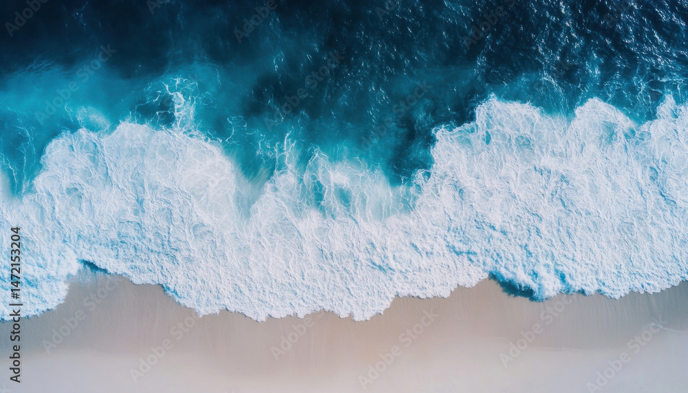Aufkleber Aerial view of turquoise ocean waves crashing on a pristine sandy beach, creating a stunning contrast of colors and textures. : Generative AI