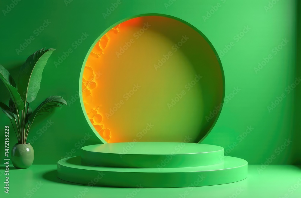 Poster green podium background with orange pattern in round window wall. abstract composition minimalist de