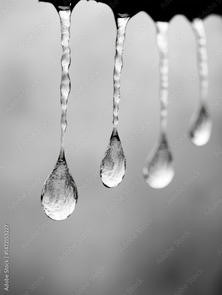 Poster Closeup of four icicles melting, forming teardrop shapes, hanging from an unseen surface against a blurred, gray background.  The image is in monochrome, highlighting the texture and t : Generative AI