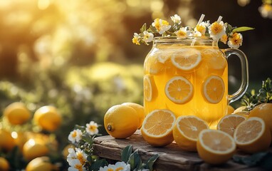 Fresh lemonade in a glass jar surrounded by lemons and flowers in a garden setting.