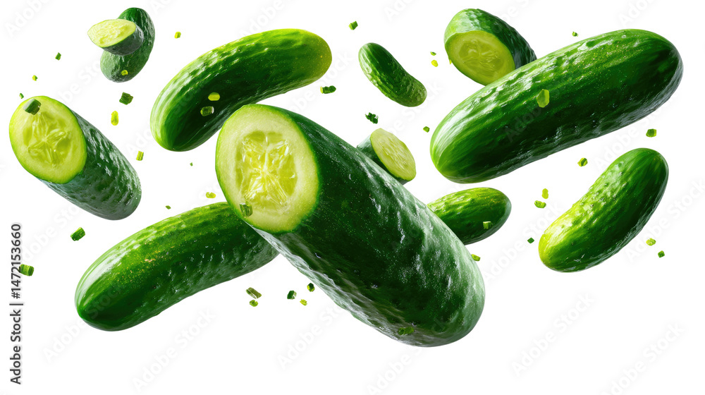 Poster cucumber cascade: a vibrant collection of fresh, crisp cucumbers gracefully suspended, sliced and wh