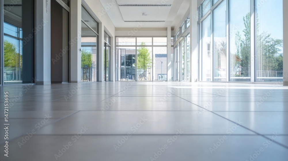 Poster modern building interior with large windows showcasing a sunny cityscape view, featuring bright, cle