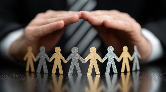 a pair of hands in a dark suit, with a striped tie visible, gently cupping a group of paper cutout figures. The figures, in silver and bronze tones, are holding hands in a circle, symbolizing unity a
