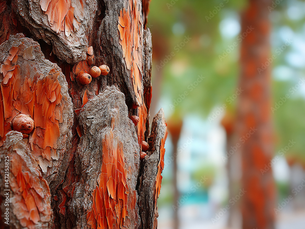 Poster a close-up of the rough, textured bark of a palm tree with its fibrous patterns.