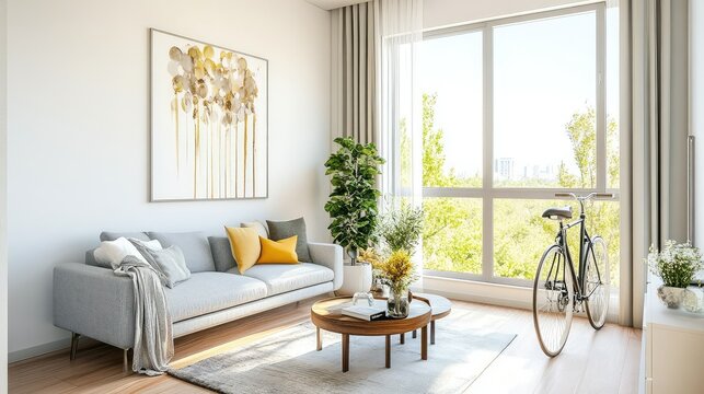 Contemporary interior with bicycle leaning on white wall, grey couch and coffee table centerpiece
