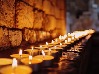 Row of Burning Candles Illuminates a Stone Ledge with Warm Light, Creating a Peaceful and Contemplative Atmosphere