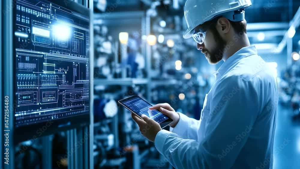Aufkleber a technician holding a diagnostic tablet while monitoring battery modules under a quality control st