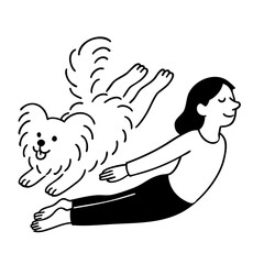 A dog and women doing yoga pose
