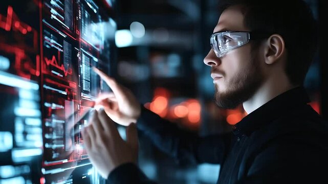 A technician placing a battery module into an automated testing chamber, while data is projected onto a transparent screen, illustrating advanced quality control processes.