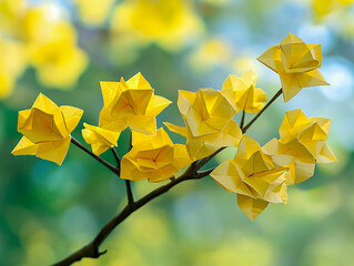 An intricately folded origami yellow flowers on the branch of a tree. Art nature.