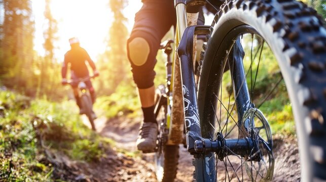Mountain bikers ride on a sunny forest trail, close-up view of a front bike fork and wheel, showcasing the adventure and thrill of off-road cycling. : Generative AI