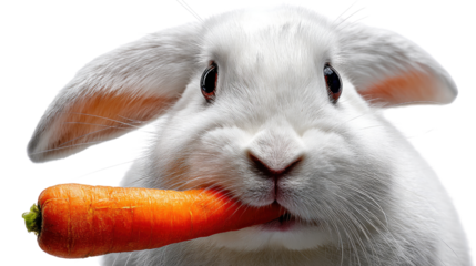 Curious Rabbit with Carrot: An adorable rabbit with soft, fluffy white fur, playfully holds a vibrant orange carrot in its mouth, emphasizing the freshness of its snack.