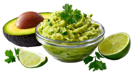 Fresh Guacamole: A vibrant composition showcases creamy guacamole in a glass bowl, surrounded by fresh ingredients like avocado, lime and coriander.