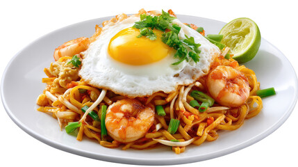 Noodle Delight: A culinary masterpiece showcasing a vibrant plate of noodles, adorned with succulent shrimp, a perfectly cooked egg, and a refreshing lime wedge.