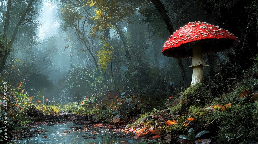Poster a mystical forest scene with a large red mushroom.