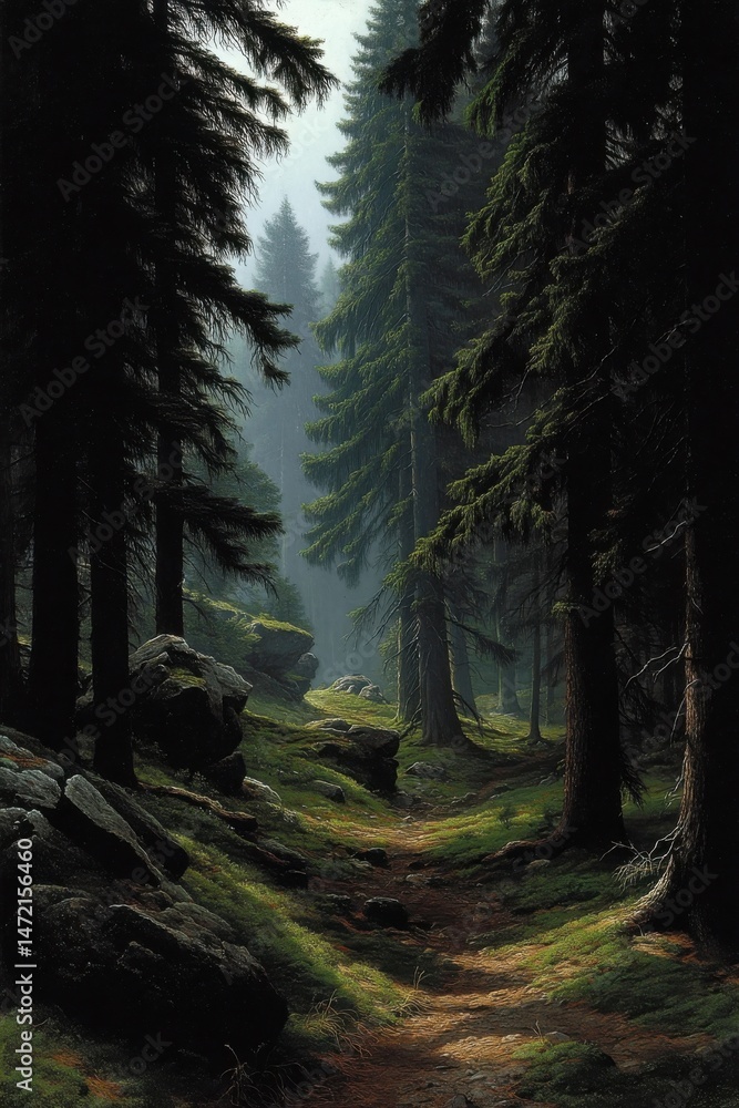 Aufkleber Serene path winding through a dense, mystical evergreen forest, sunlight filtering through the canopy, illuminating mossy rocks and lush green undergrowth. : Generative AI