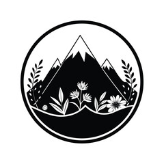 Black and white circle design featuring mountain peaks flowers and foliage illustrating natural themes