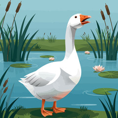 Obraz premium White Goose Standing at Pond Edge with Water Lilies and Reeds