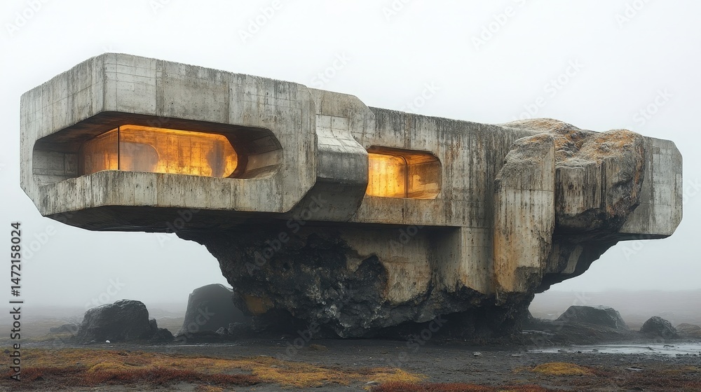 Poster massive concrete structure resembling a floating rock.