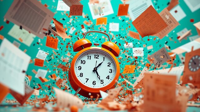 Overwhelmed by Deadlines? Orange Alarm Clock Amidst Exploding Papers