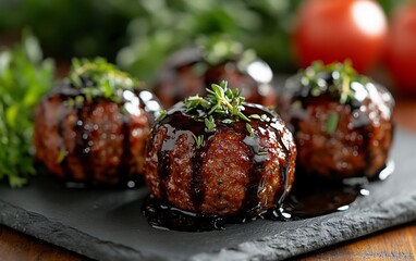 Four savory, dark-brown meatball appetizers, drizzled with a rich, dark sauce and topped with fresh herbs, displayed on a slate plate.