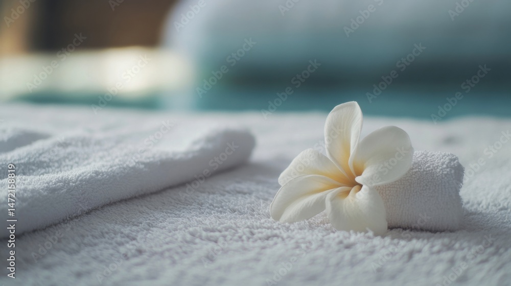 Aufkleber a single, delicate white plumeria flower rests on a fluffy white towel, creating a serene and spa-li